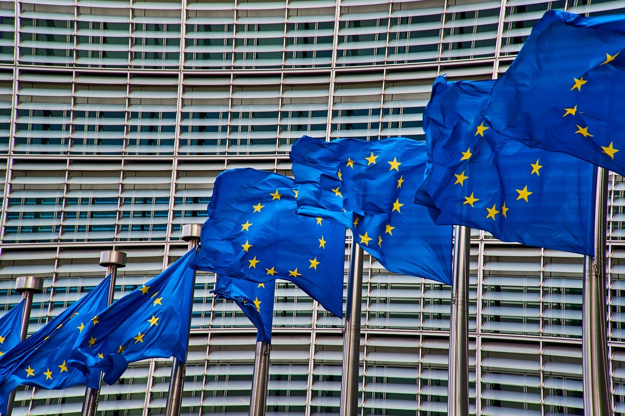 Flagi Unii Europejskiej na tle budynku Parlamentu Europejskiego.