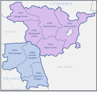 Mapa terenu granicznego Polski z Litwą. Na niebiesko zaznaczone subregiony: ełcki, suwalski, białostocki oraz na różowo 5 subregionów litewskich.
